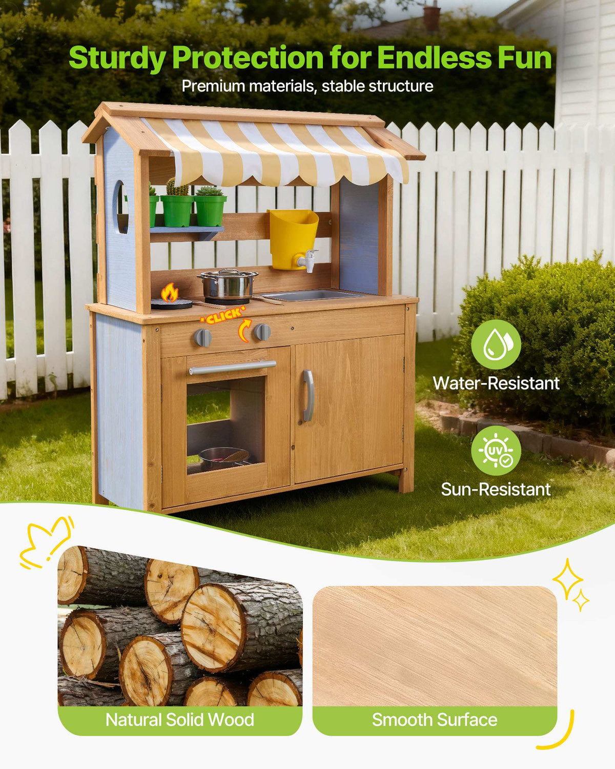 Mud Kitchen, Outdoor Mud Kitchen for Kids, Wood Outdoor Play Kitchens with Spoons, Sink, Tank, Sunshade Canopy, Shovels, Cookware Pots and Accessories, Wooden Play Kitchens for Home, Lawn