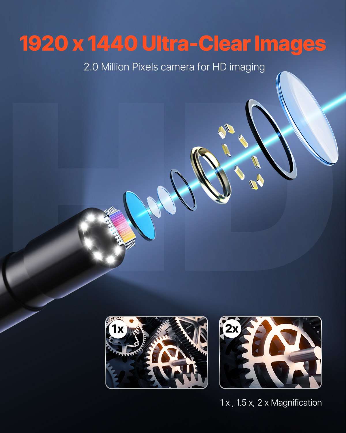 Endoscope Camera with Light, 1920P HD Borescope for Android & IOS, 8 LED Lights Inspection Camera with 10FT Semi-Rigid Cable, 2X Zoom, IP67 Waterproof Snake Scope Camera for Auto, Plumbing