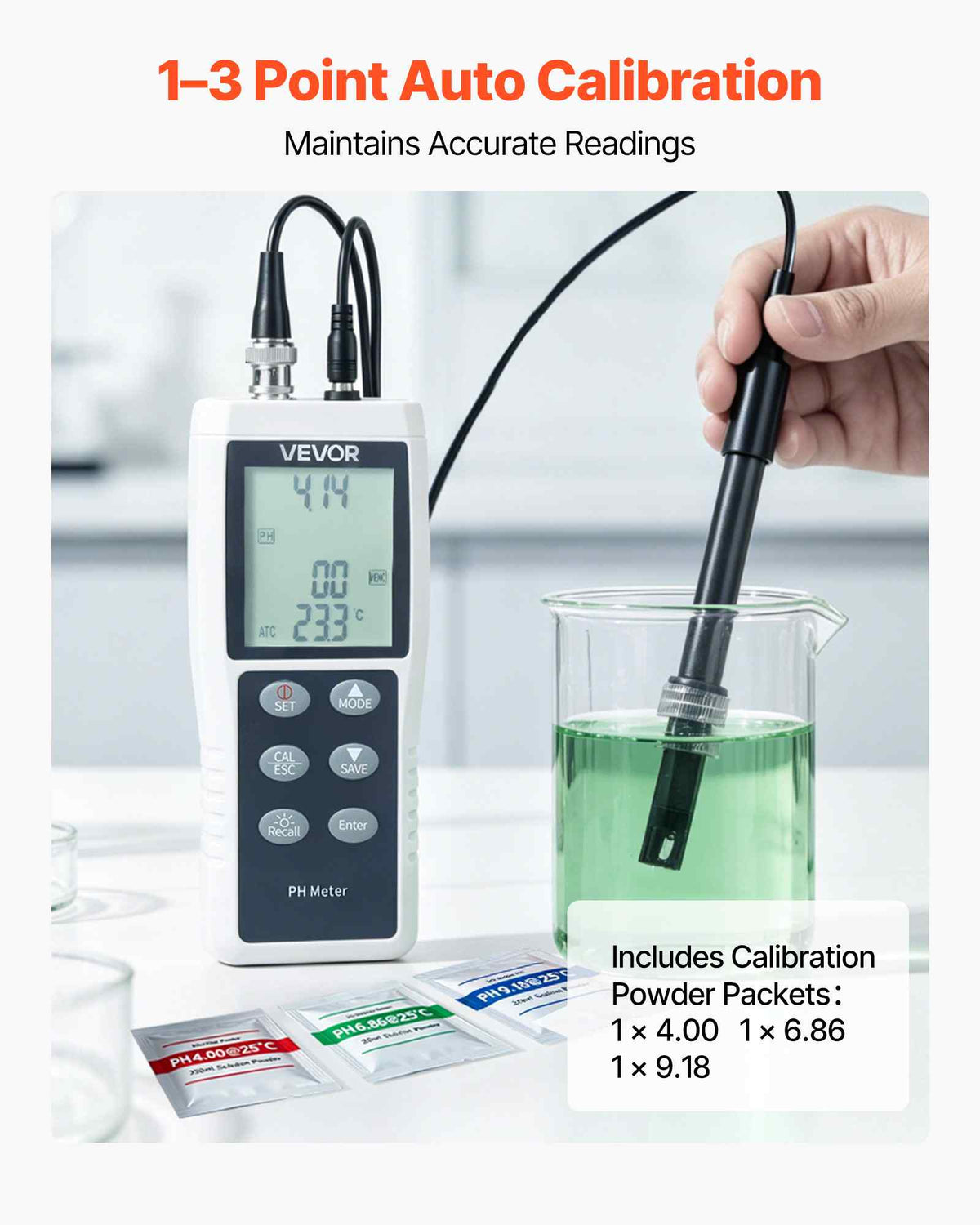 pH Meter, 0-14 pH Range, IP68 Waterproof Probe, 3-Point Auto Calibration, Portable Tester Kit with Calibration Powder Packets, Temperature Probe, Carrying Case, for Drinking Water, Hydroponics
