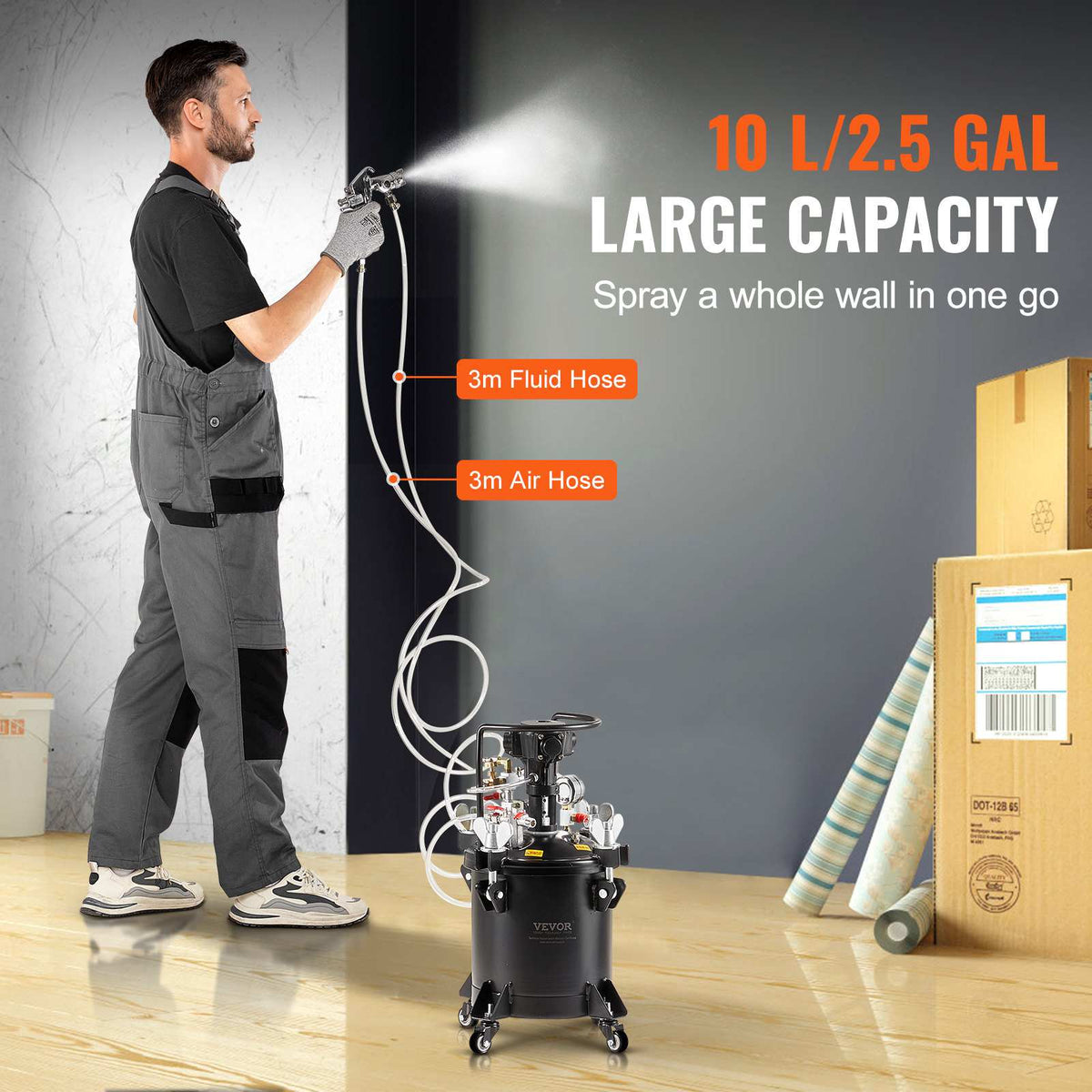 Spray Paint Pressure Pot, 10 L/2.5 gal Fully Automatic Stirring Pressure Pot Tank, 70 psi Adjustale Pressure, Pressure Pot Paint Tank with Spray Gun and Hoses, for Home Decor Industry Painting