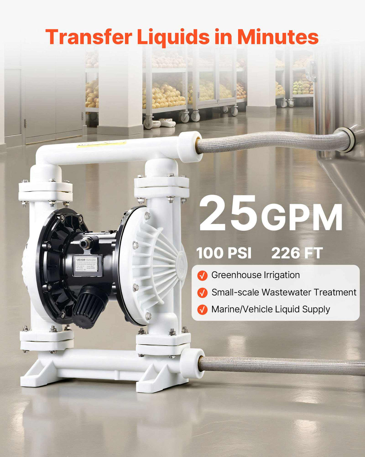 Air Operated Double Diaphragm Pump, 25 GPM, 1 inch Inlet & Outlet Pneumatic Waste Oil Transfer Pump, Max 100 PSI, Polypropylene Body, Air-Operated for Diesel, Grease, Kerosene, Gasoline & Oil