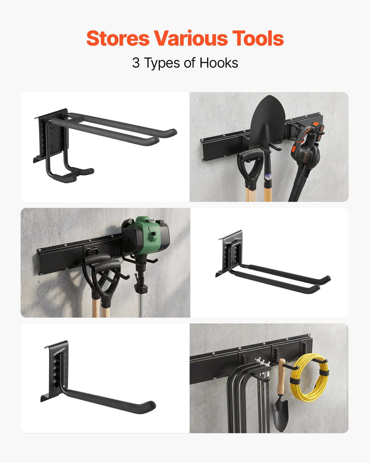 Garage Tool Organizer 66 Inch 800 lbs Wall Mount Garden Tool Rack, Heavy Duty Garage Hanging Storage Rack Organization with 4 Rails and 10 Adjustable Hooks, for Yard Tools, Shovel, Rake, Shed
