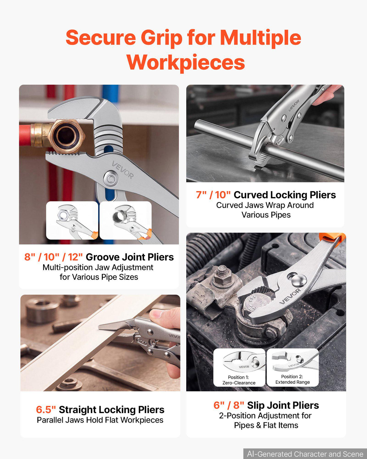 Pliers Set 20-Piece Utility Set Polished Carbon Steel Jaw Hand Tools, For DIY & Home Use, Long Nose, Locking, Diagonal, Groove Joint, Snap Ring, Slip Joint Pliers, with 2-Pack Organizer Rack