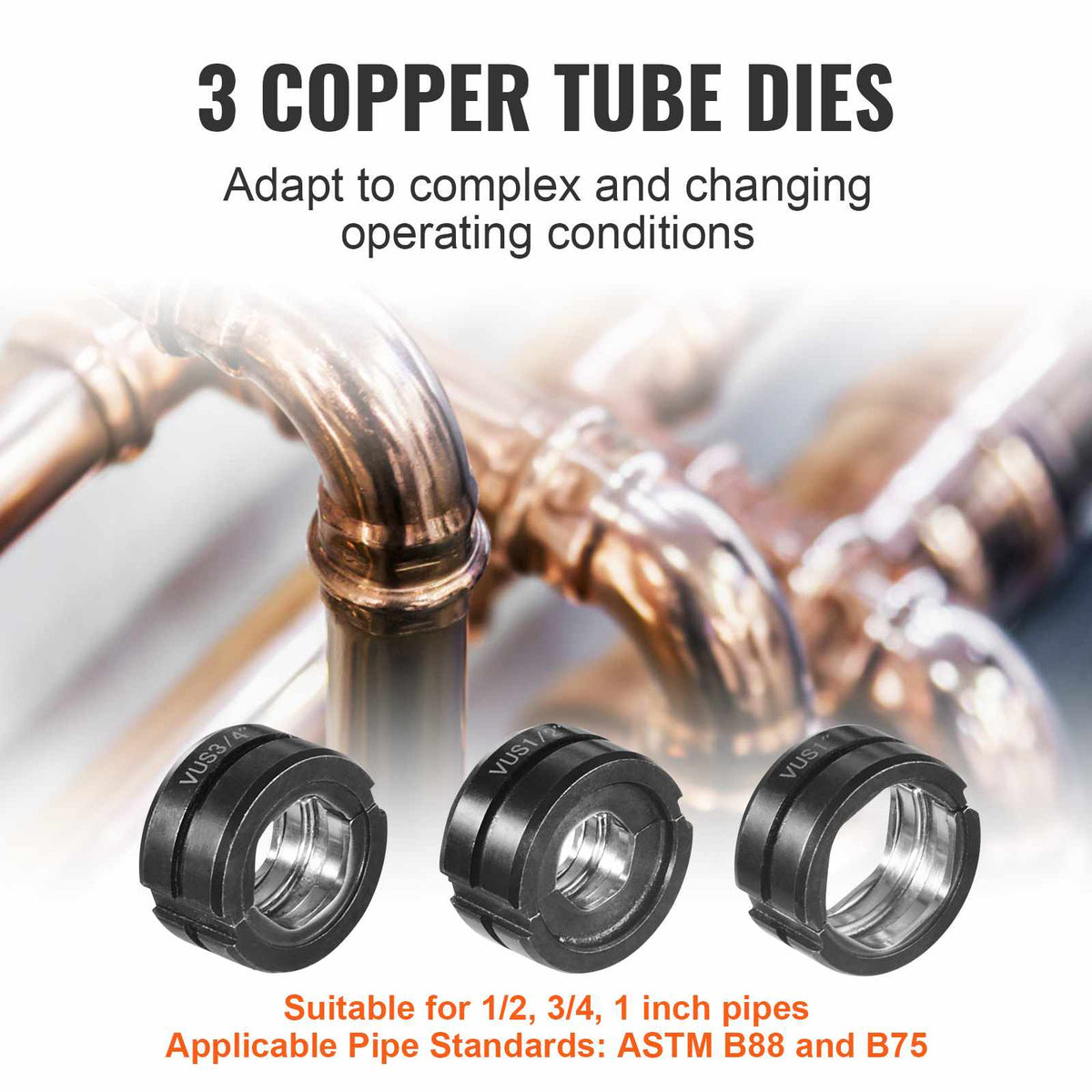 Copper Press Tool Tube Fittings Crimping Kit, 360° Rotatable Press Crimper Tool with 1/2", 3/4", 1" Quick Change Jaws, Locking Pin & Extendable Handle, Meet ASTM B88 and B75 Standard