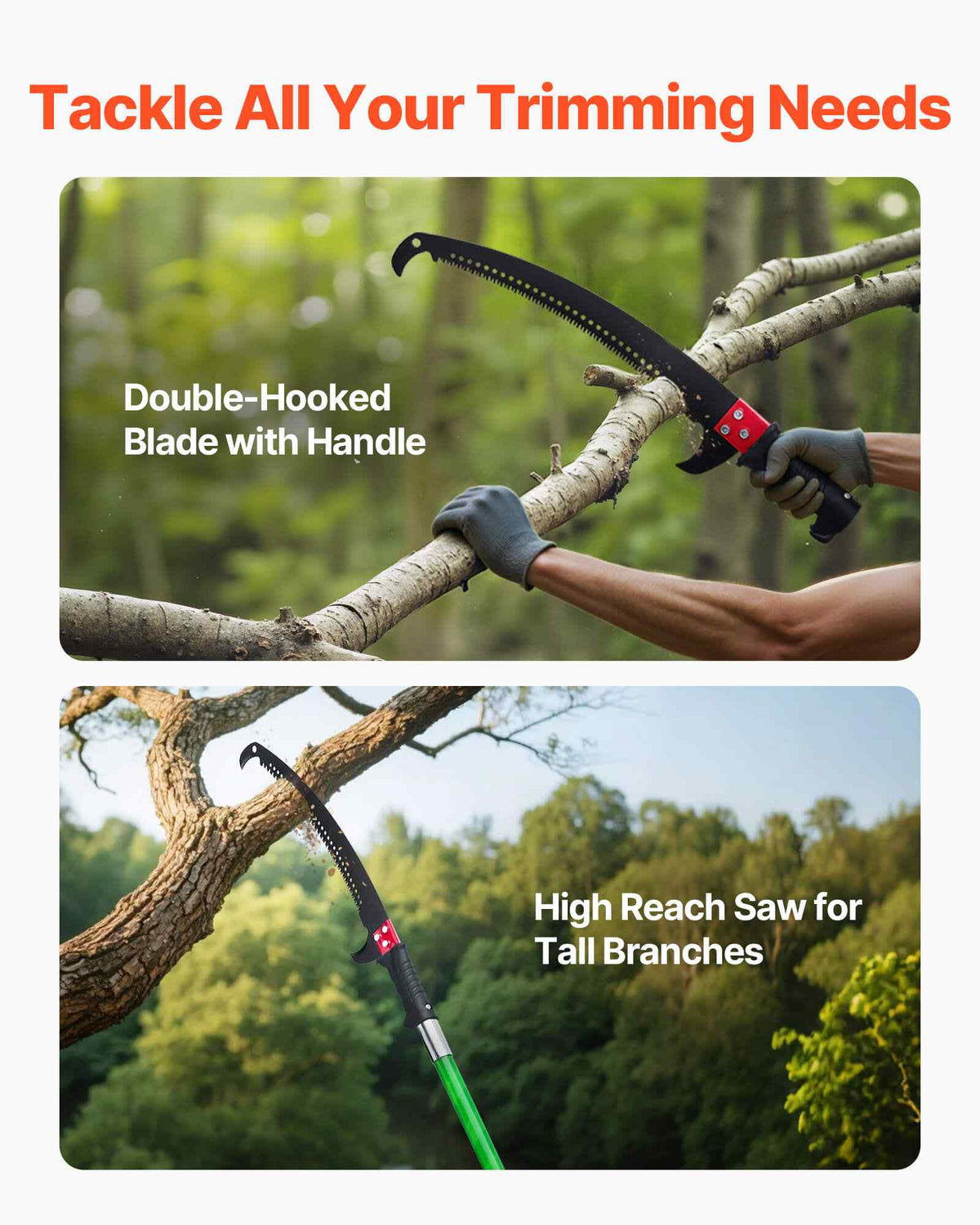 Manual Pole Saw, 3.87-27 ft Extendable Pole Tree Pruner, Sharp 65Mn Steel Blade, Lightweight Fiberglass Handle Pole, Double-Hook Saw for High Branch Trimming, Pruning Tool for Palms, Shrubs