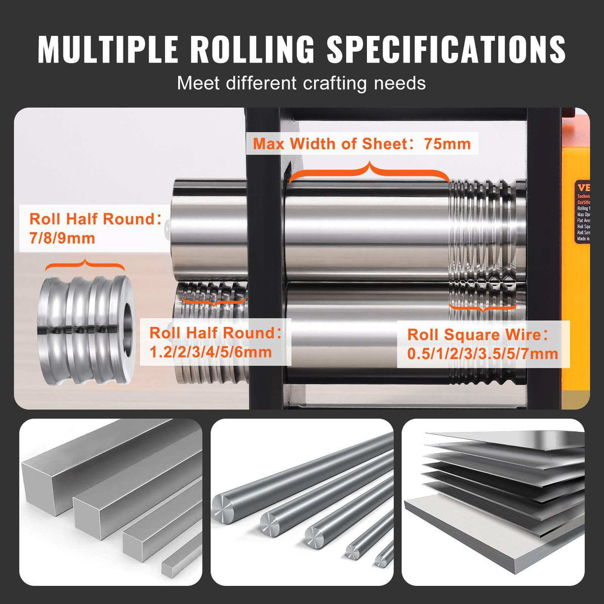 Rolling Mill, 2.95"/75 mm Jewelry Rolling Mill Machine, 1: 2 Gear Ratio, 3-in-1 Multi-function Rolling Mill, 0.03-6.5mm Press Thickness for Metal Jewelry Making Sheet Square Wire Semicircle