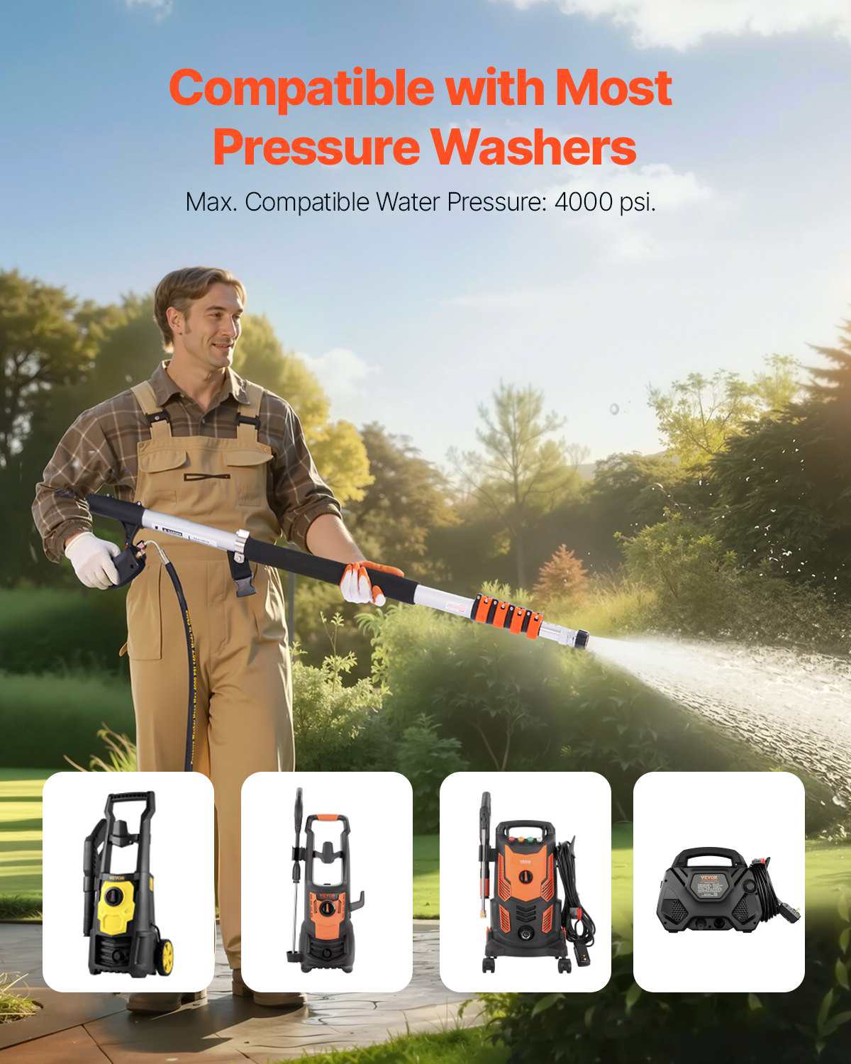 Pressure Washer Telescoping Wand, 18 ft, 4000 psi, Telescopic Spray Wand with Power Washer Extension Wands, Gutter Cleaner, Brush Head, 5 Spray Nozzle Tips, Adapter and Adjustable Support Belt