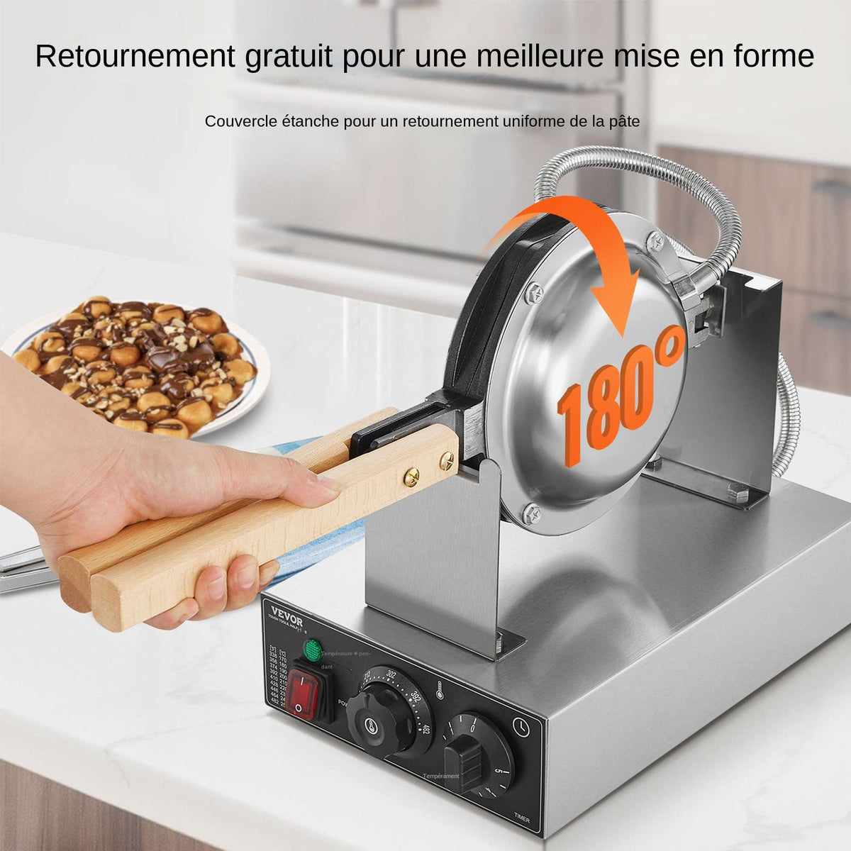 Commercial Bubble Waffle Maker, 1400W Egg Pancake Baker Machine, Non-Stick Stainless Steel Egg Bubble Puff, 180° Rotatable, Temp and Time Control, Wooden Handle, for Restaurant Bakery Snack Bar