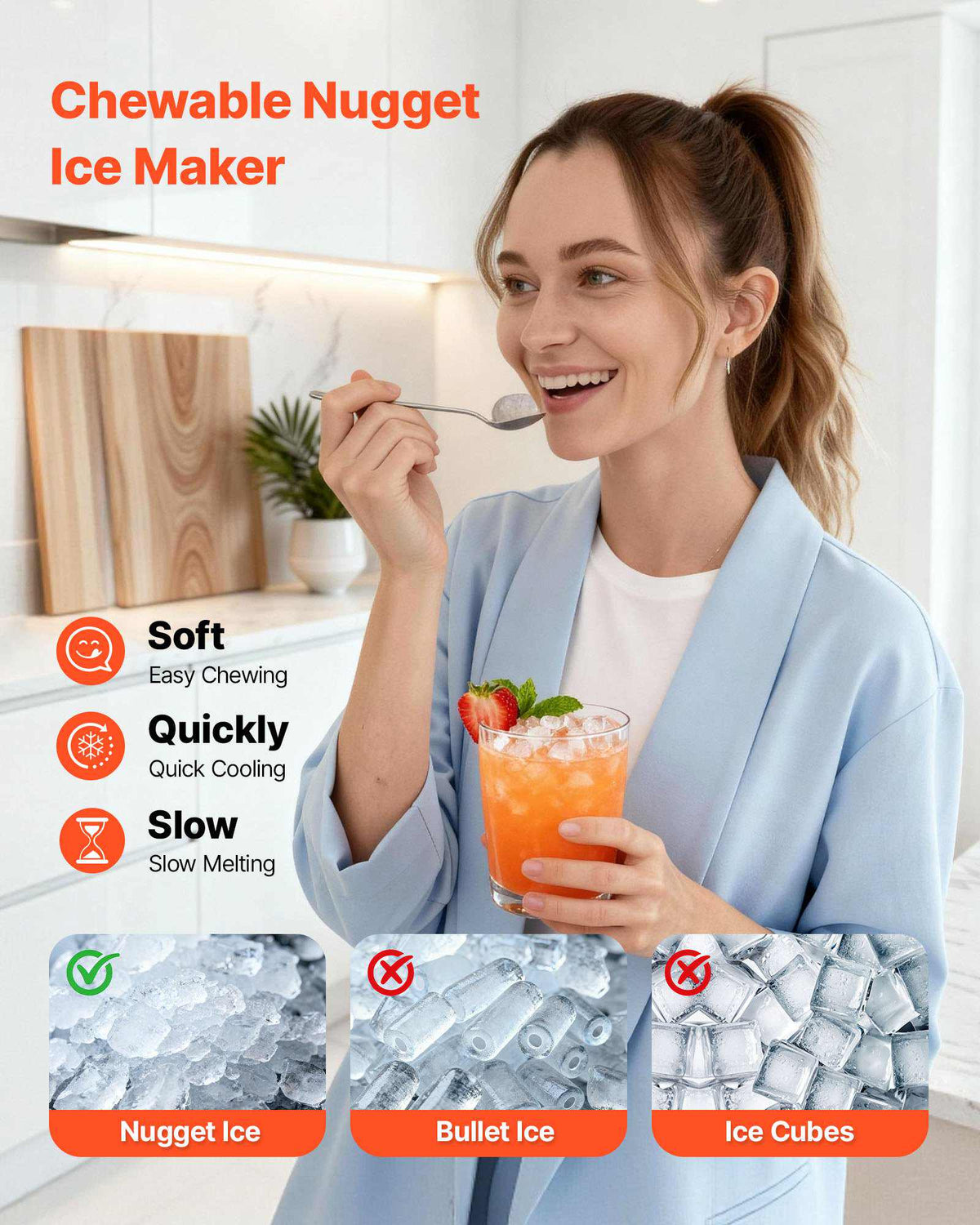 Countertop Ice Maker, 33 lbs per Day, Self-Cleaning Portable Machine with Scoop, Drawer-Style Ice Access, Nugget Ice-Making Machine with Chewable Ices for Home, Kitchen, Office, Bar & Party