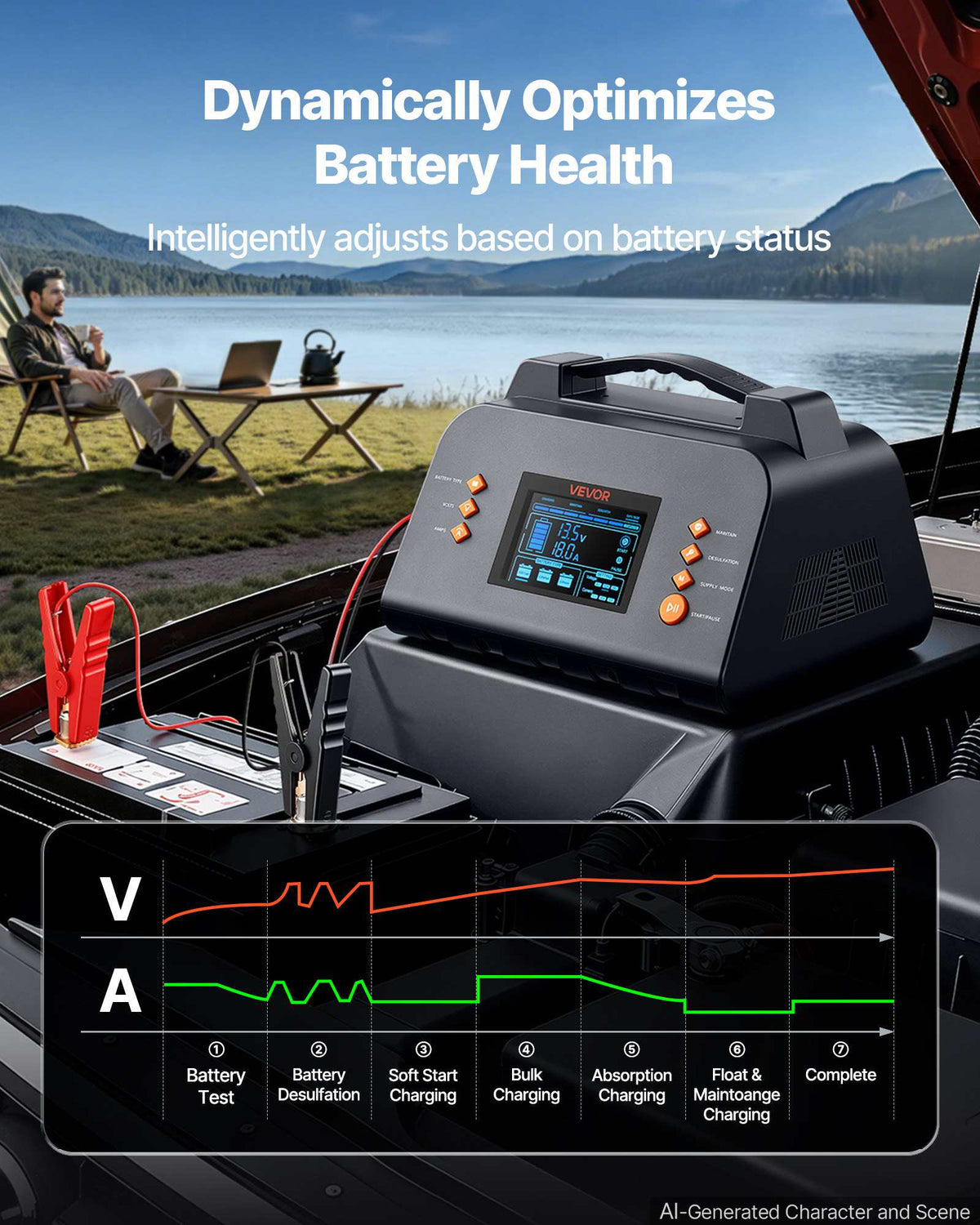 Smart Battery Charger 30A 6V 12V 24V for Lithium LiFePO4 Lead-Acid, Compatible with Cars Heavy-Duty RVs Trucks Boats, Trickle Charging Maintainer Desulfator, Charger with 3.8 Inch LCD Display