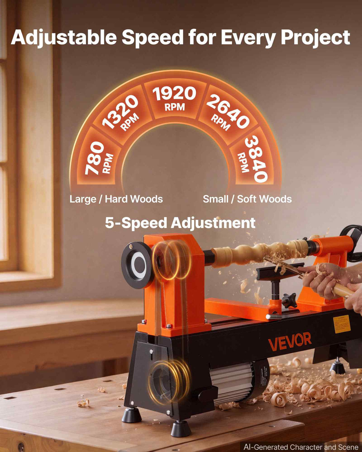 Wood Lathe 3/4 HP 12" x 18" Benchtop Wood Lathe Machine 5 Speeds, 780/1320/1920/2640/3840 RPM, with Tool Rest, Wrenches, Faceplate, Heavy Duty, for Beginner Professional Woodworking, Woodturning