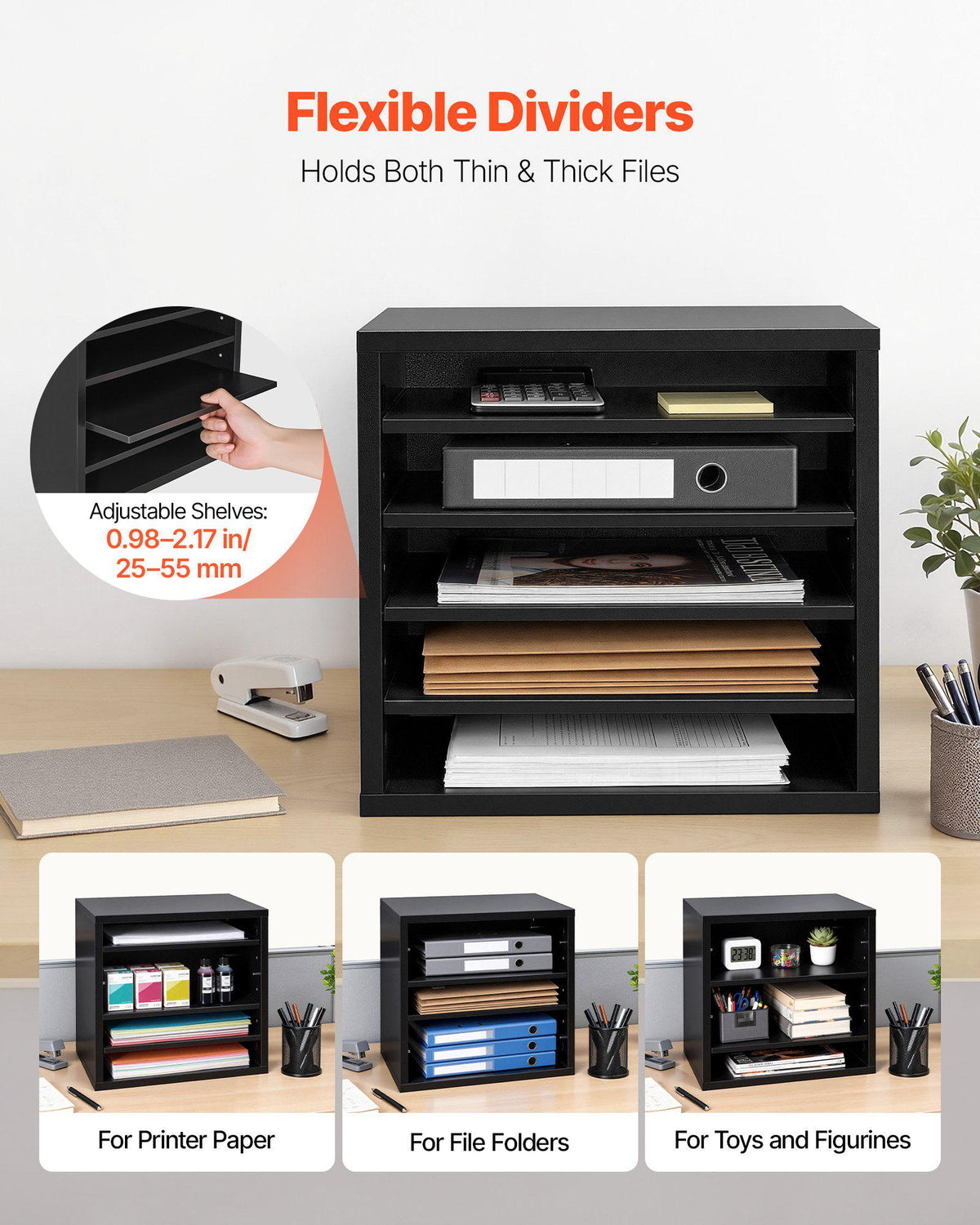 Literature Organizer, 5 Compartments Office Mailbox with Adjustable Shelves, Wooden Mailbox Sorter with MDF, Countertop Office Home Classroom Storage Organizer for File, Document, Paper, Black