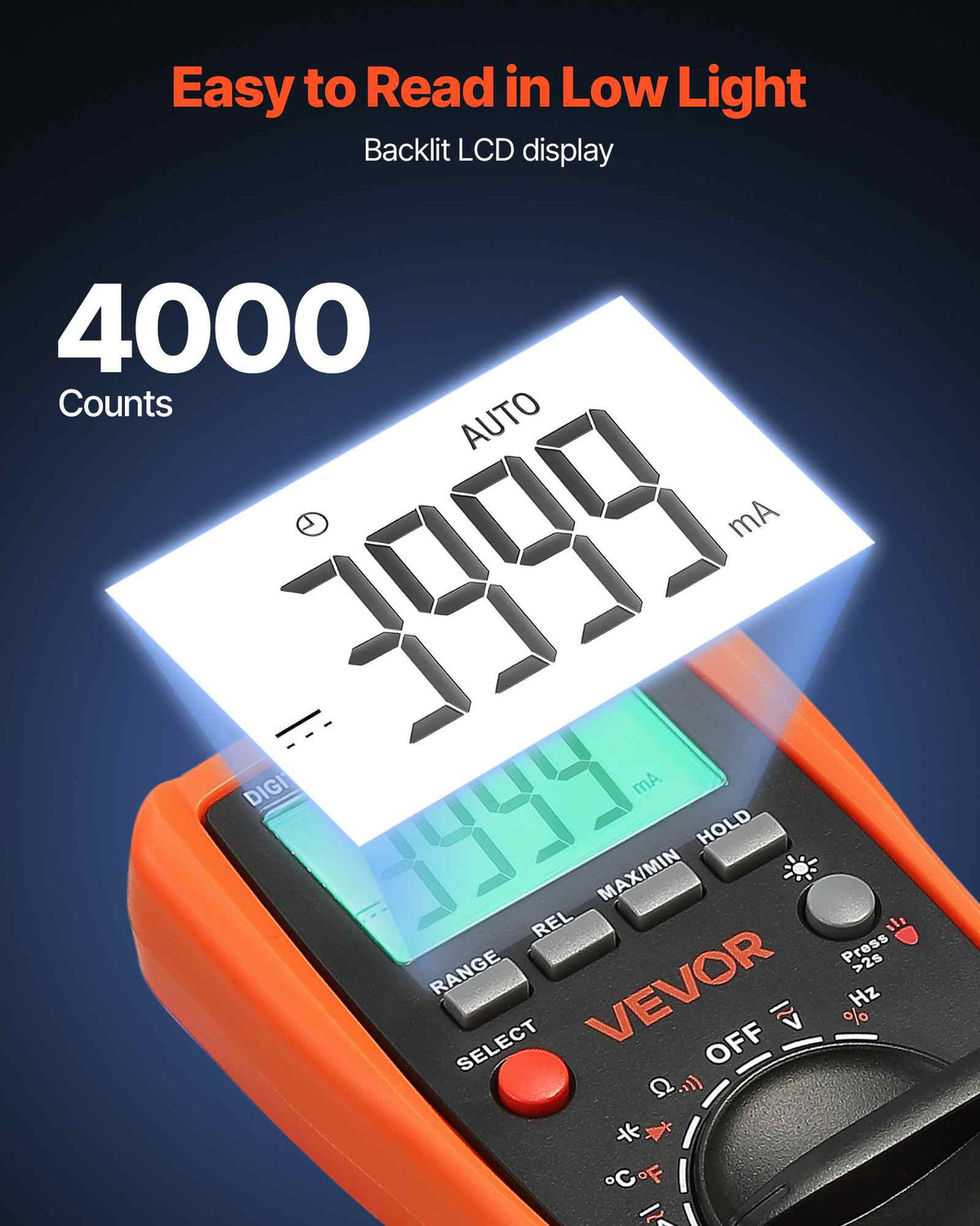 Digital Multimeter, 4000-Count TRMS DC/AC Voltmeter Current Tester, Auto-Ranging Multimeter for Current Voltage Resistance Capacitance Temperature Diodes Continuity Duty-Cycle Measurments