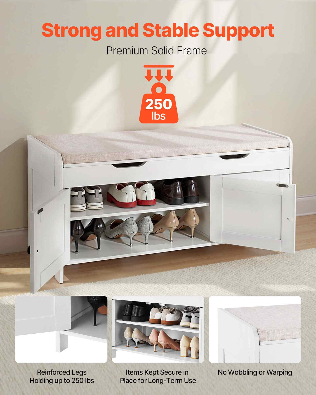 Shoe Bench, 41.3 x 13.8 x 19.8 Inch Entryway Bench with Lift Top Storage and Seat Cushion, 250lbs Shoe Rack with 3 Cabinets and Height Adjustable Shelf, for Bedroom, Hallway, White + Black