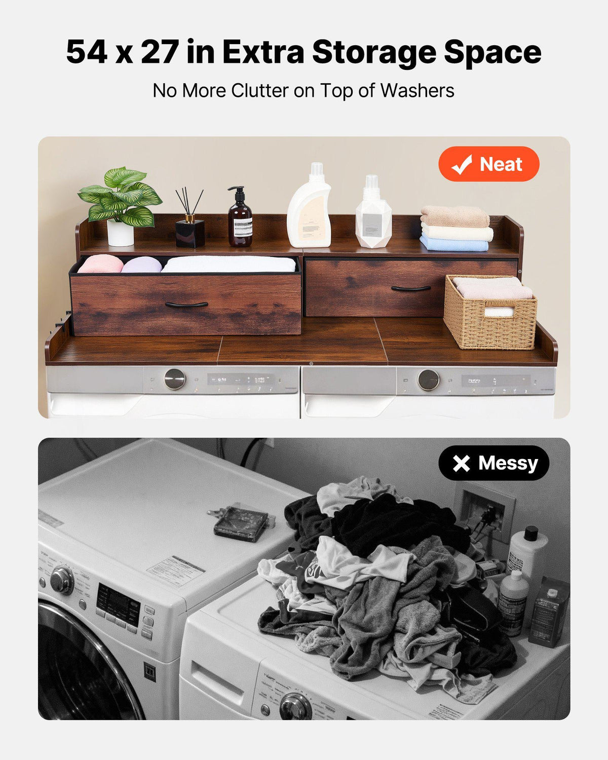 Washer Dryer Countertop with Shelf, 54 x 27.5 in Wooden Washer and Dryer Topper with 2 Drawers & 2 Hooks, Laundry Machine Topper for Laundry Closet Pantry Counter Organization and Storage, Brown