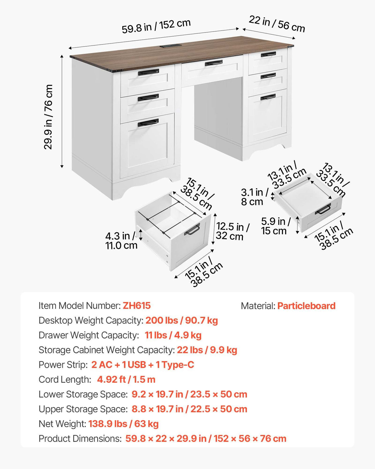 Executive Desk, Farmhouse Office Table with Charging Station, Heavy Duty Particle Board Executive Table with Storage Drawers, 200 LBS Load Capacity, Easy Assembly, for Work Study Writing, Walnut