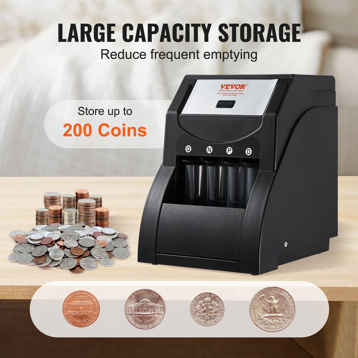 USD Coin Sorter, Coin Sorter Machine for USD Coin 1¢ 5¢ 10¢ 25¢, Sorts up to 230 Coins/min, Coin Sorter and Wrapper Machine Holds 200 Coins Included 4 Coin Tubes, Black