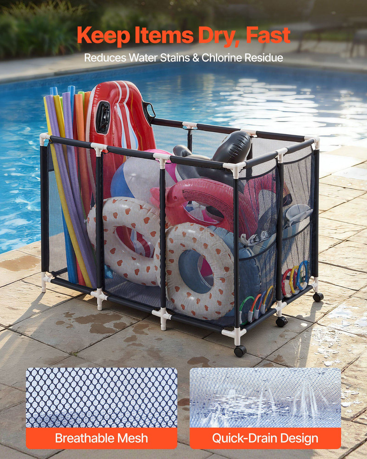 Pool Storage Bin, 47.2 x 30.2 x 34 in, Rolling Pool Float Storage Organizer with Side Pockets & Casters, Heavy Duty Plastic Frame, Poolside Toys Noodles Holder Mesh Basket for Swimming Pools