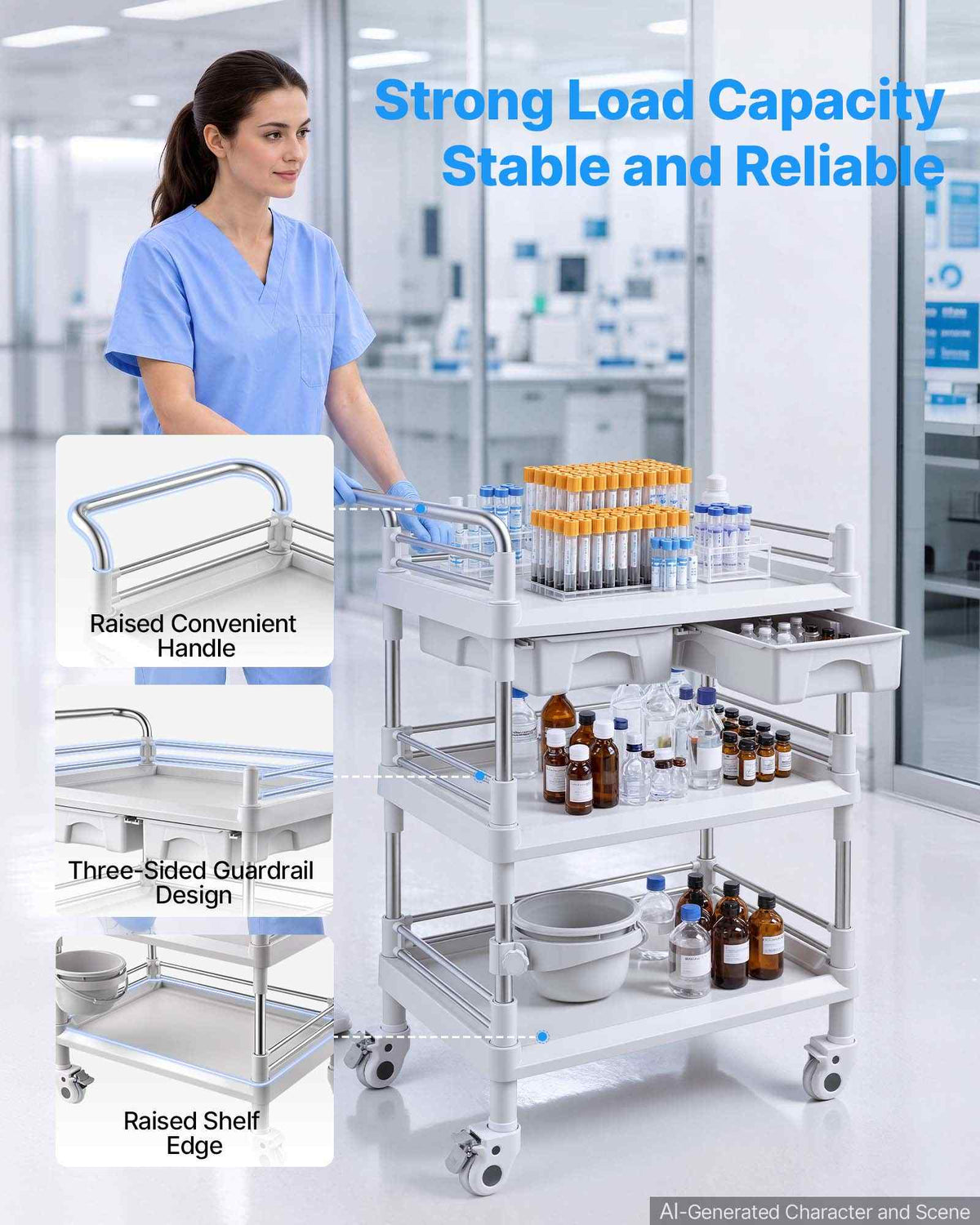 Medical Cart Three-Tier Medical Trolley Cart with 2 Drawers 110.23lbs, for Clinic, Hospital, Beauty Salon, Lab, with a Waste Tray, Stable Support, Medical Trolley Cart with Casters and Handle
