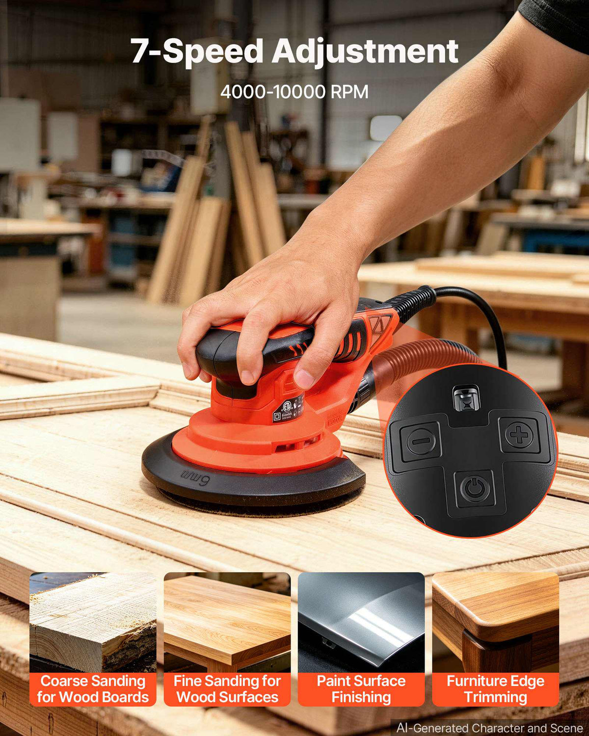 5 & 6-Inch Random Orbital Sander 400W Brushless Orbital Sander, 4000-10000RPM 7 Speeds Electric Palm Sanders with 20PCS Sandpapers, Dust Bag & Vacuum Hose for Woodworking Detailing Sanding