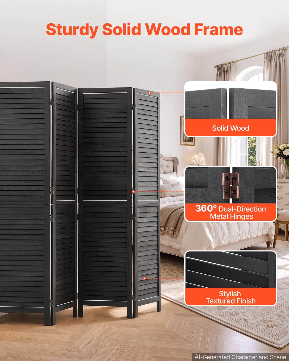 Wood Room Divider 4 Panels 67 in Wood Folding Privacy Screen Black, For Room Separation & Home Decor, Solid Frame, 360° Two-Way Hinges, Easy Assembly, Louvered Wooden Partition with Hardware