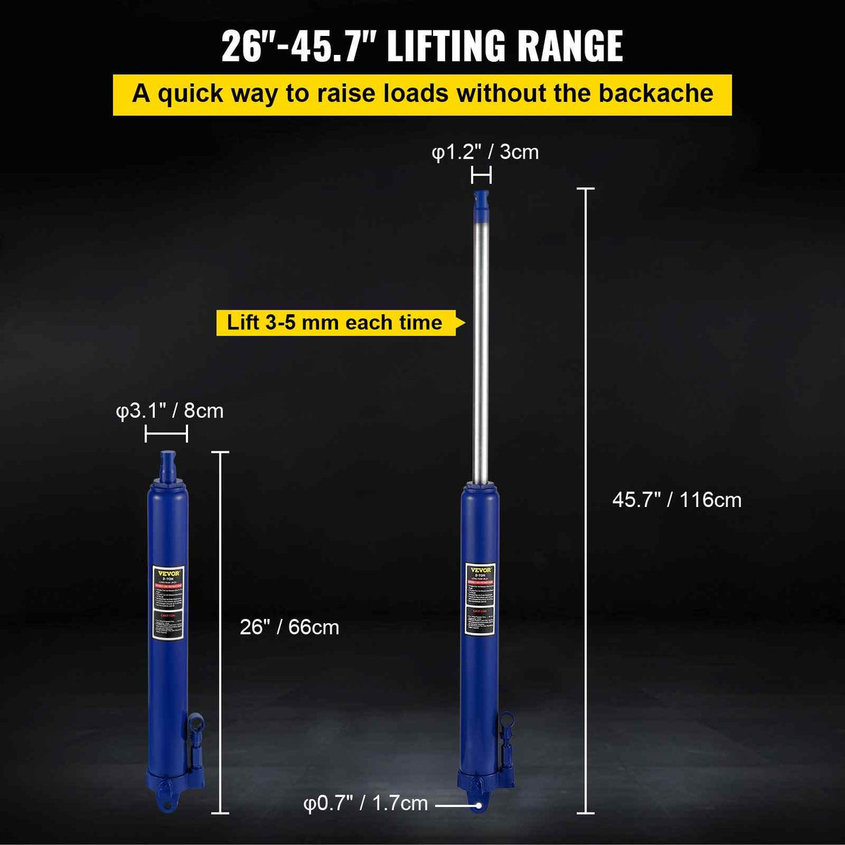 Hydraulic Long Ram Jack, 8 Tons/17363 lbs Capacity, with Single Piston Pump and Clevis Base, Manual Cherry Picker with Handle, for Garage/Shop Cranes, Engine Lift Hoist, Blue
