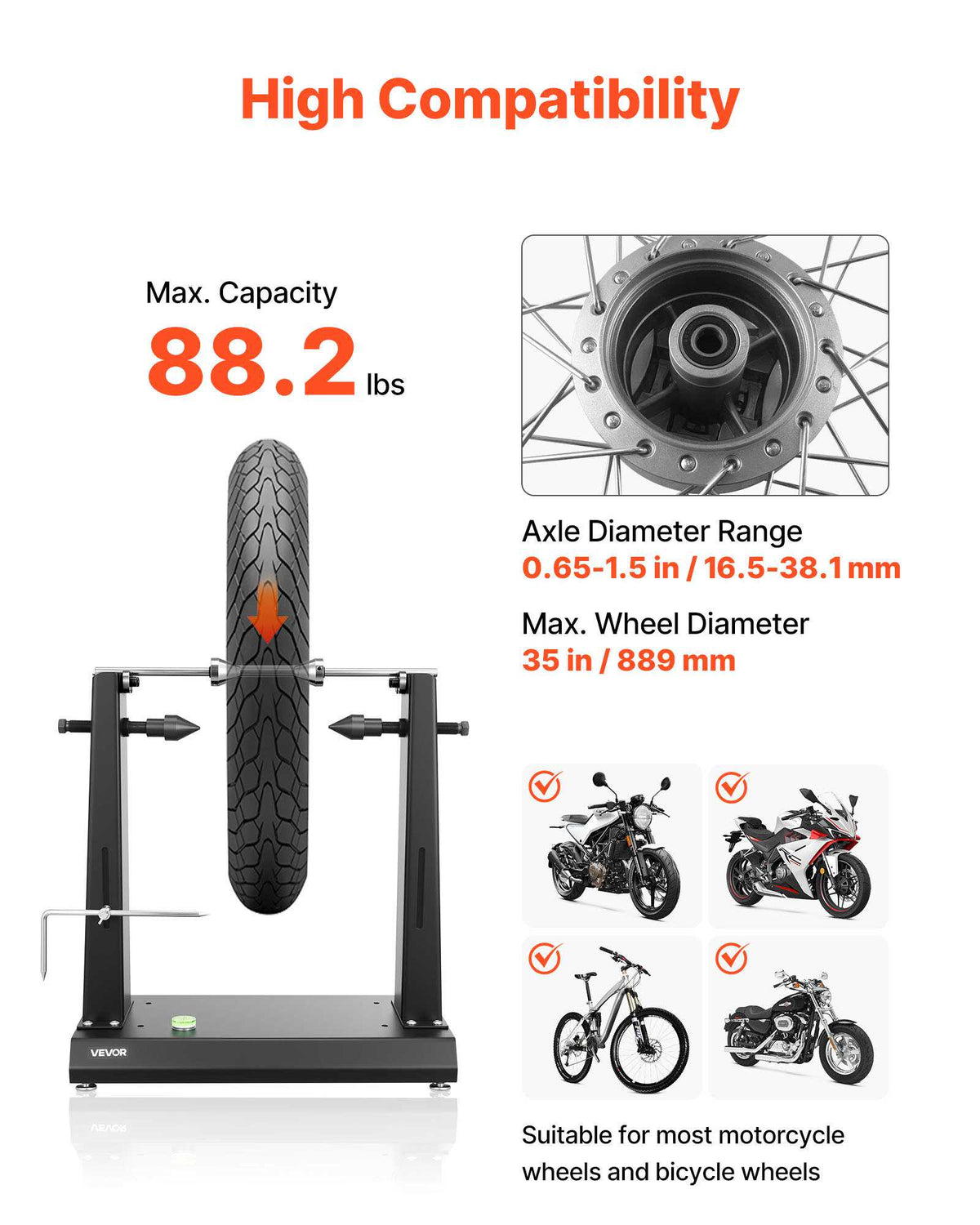 Motorcycle Wheel Balancer, 88.2 lbs Capacity, Tire Balancer & Truing Stand with Adjustable Centering Cones and Truing Pointer, Balancing Tools for Most Motorcycles & Bicycles, 35-Inch Wheel Dia