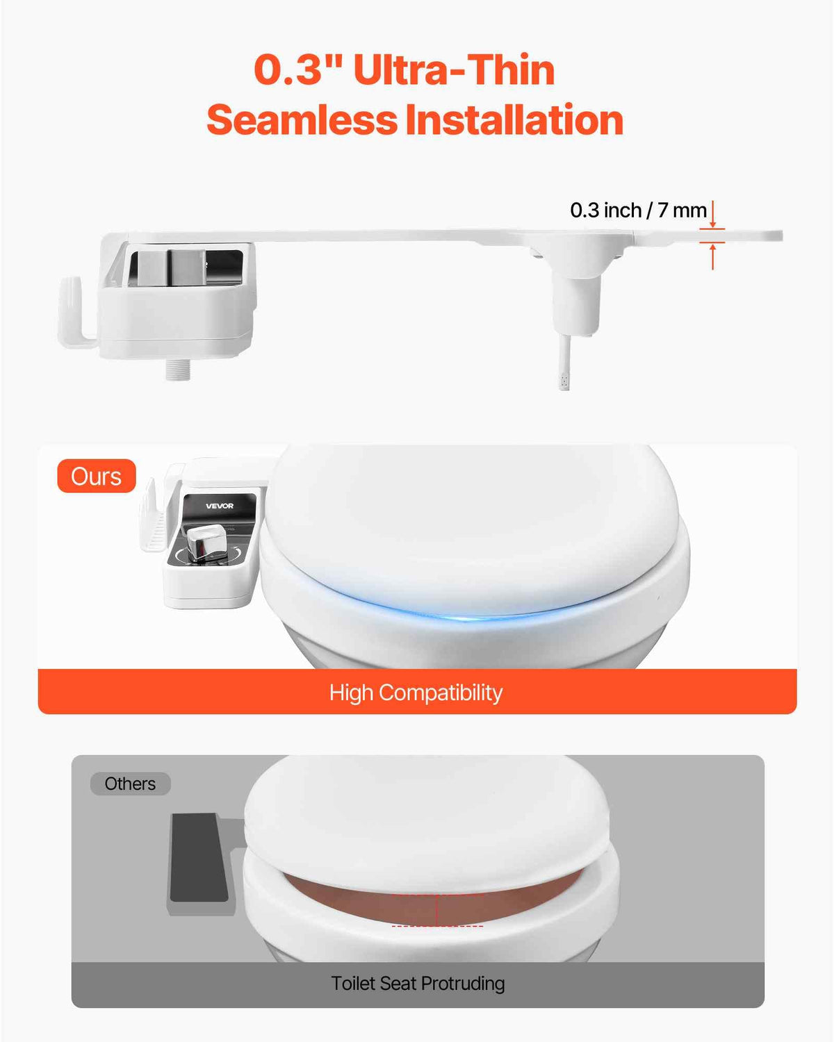 Bidet Attachment for Toilet, 0.3" Ultra Thin Bidet Toilet Seat Attachment - Dual Retractable Nozzles, Adjustable Water Pressure, Non-Electric Cold Water Sprayer for Front Rear Water Wash, White