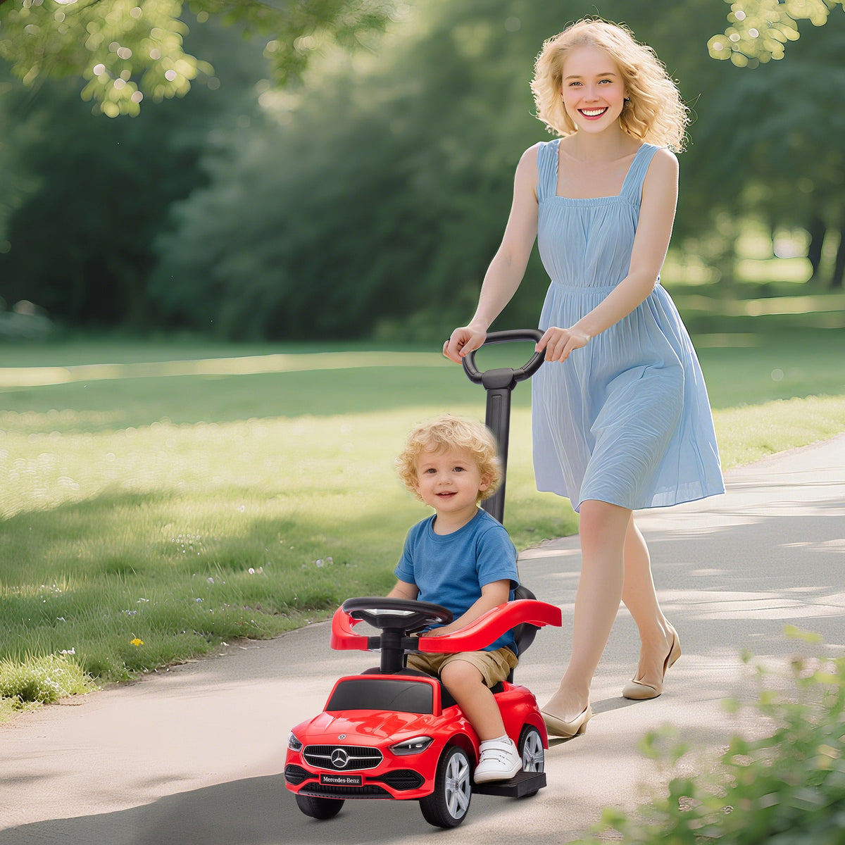 Mercedes-Benz C-Class Licensed Ride-On Push Car, Baby Stroller Walking Car with Parent Control Handle, Horn, Red