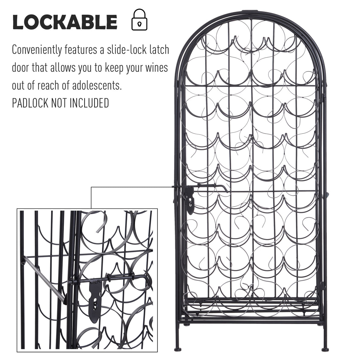 35 Bottle Wrought Iron  Rack Cabinet with Lock,  Black