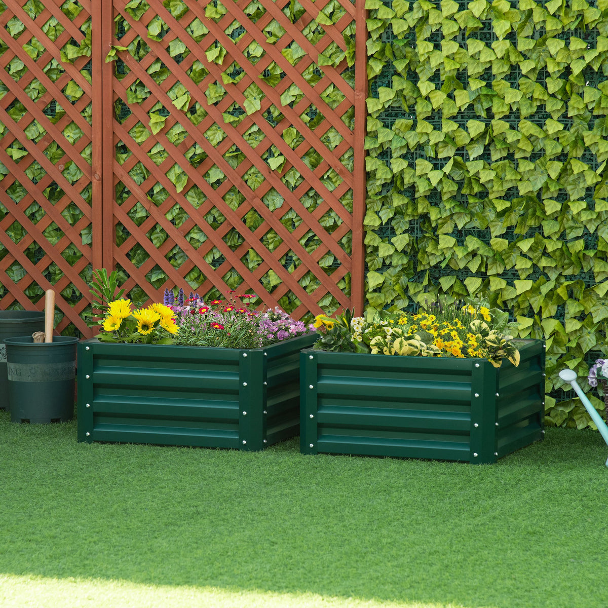 Galvanized Raised Garden Bed, Set of 2 Metal Planter Box with Open Bottom, All-Weather Steel Frame, Rust-Resistant, Easy-to-assemble, for Growing Vegetables, Flowers, Green