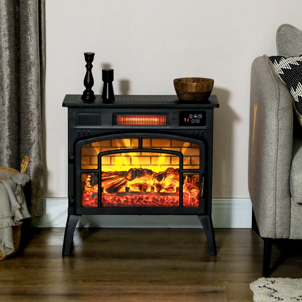 Electric Fireplace Stove, Infrared Fireplace Heater with Realistic Flame & Adjustable Temperature, 1500W, Black