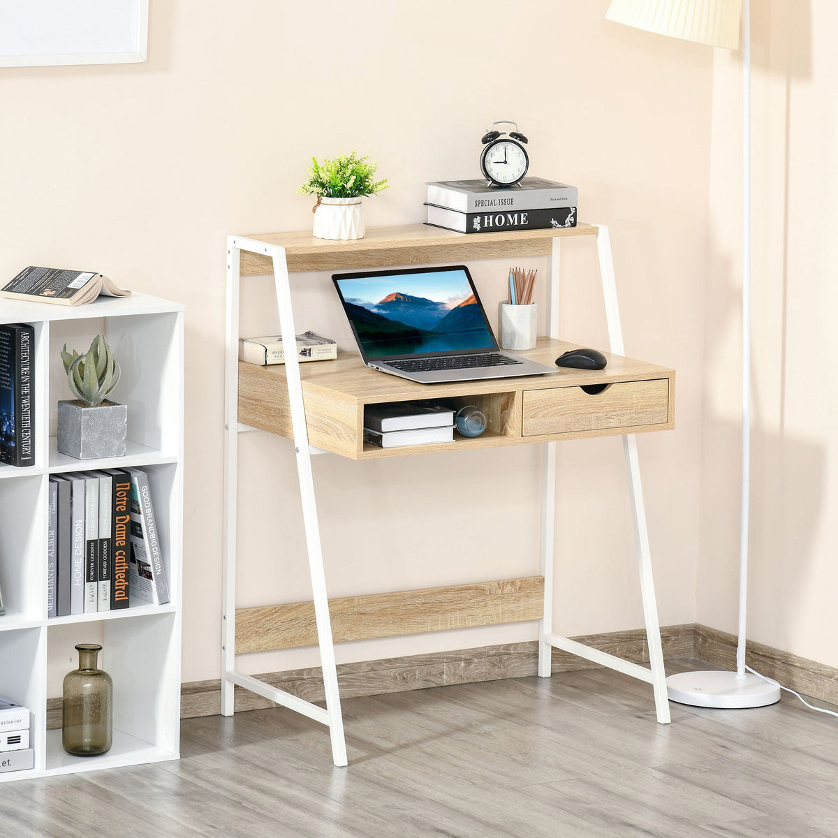 Home Office desk, Computer Desk for Small Spaces, Study Table with Drawer and Storage Shelves, Natural