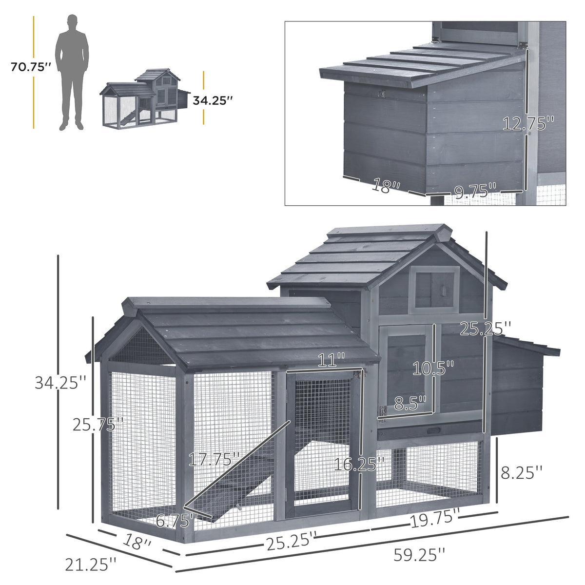 59" Small Wooden Chicken coop Hen House Poultry Cage for Outdoor Backyard with 2 Doors, Nesting Box and Removable Tray, Gray