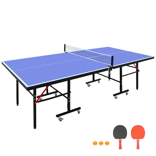 Table Tennis Table, 8 Ft Foldable Indoor Table, Portable Mid Size Game Set, Net, 2 Paddles and 3 Balls, Playback Mode for Home Office Recreation Centers