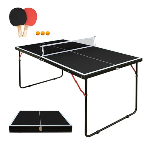 Ping Pong Table Foldable & Portable Table Tennis Table Set for Indoor & Outdoor Games with Net, 2 Paddles and 3 Balls - size: 4.5FT-Black