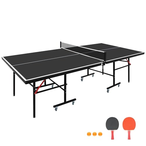 GOWE 8ft Black Mid-Size Table Tennis Table Foldable & Portable Ping Pong Table Set for Indoor Games with Net, 2 Table Tennis Paddles and 3 Balls