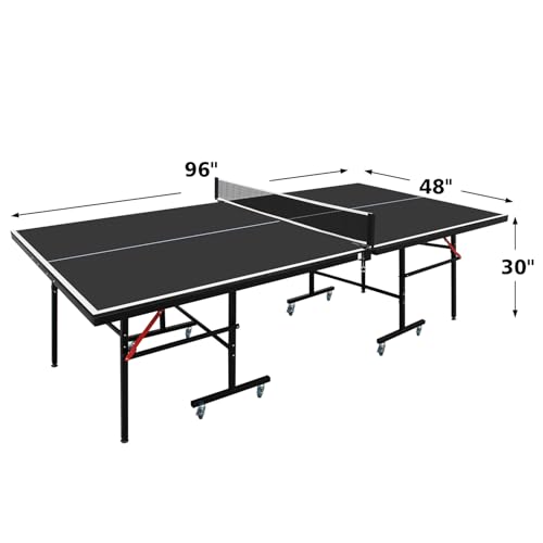 GOWE 8ft Black Mid-Size Table Tennis Table Foldable & Portable Ping Pong Table Set for Indoor Games with Net, 2 Table Tennis Paddles and 3 Balls