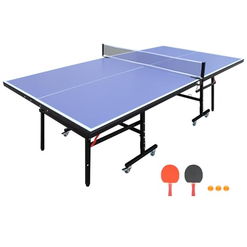 Table Tennis Table, 8 Ft Foldable Indoor Table, Portable Mid Size Game Set, Net, 2 Paddles and 3 Balls, Playback Mode for Home Office Recreation Centers
