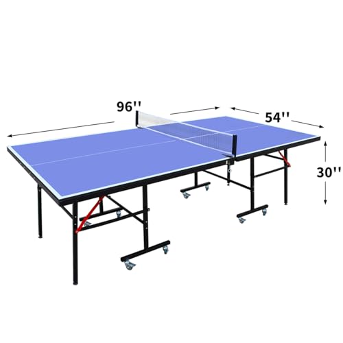 8FT Mid-Size Table Tennis Table Foldable & Portable Ping Pong Table Set, 8 Pulleys, for Indoor Games with Net, 2 Table Tennis Paddles and 3 Balls