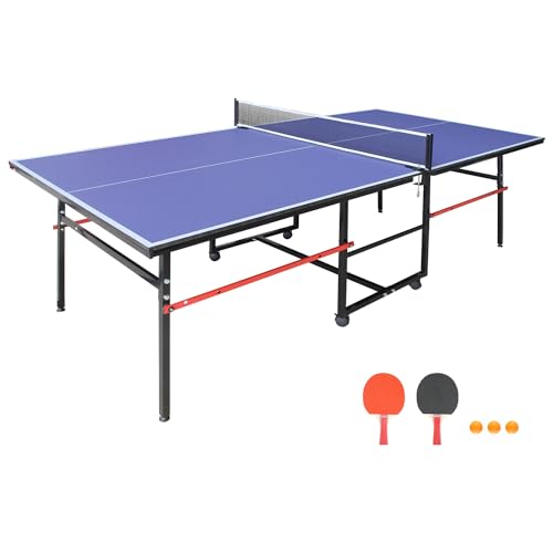 8ft Foldable Ping Pong Table Set, Mid-Size Portable Table Tennis Table with Net, Paddles & Balls, Indoor Outdoor Game Table for Home, Office, and Playroom