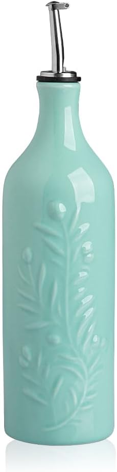 Sweejar Large Olive Oil Dispenser Bottle with Spout, 24 Oz Ceramic Oil Dispenser for Kitchen, Relief Opaque Oil Cruet, Oil Container for Cooking, EVOO, Avocado Oil, Vinegar, Pack of 1(Turquoise)
