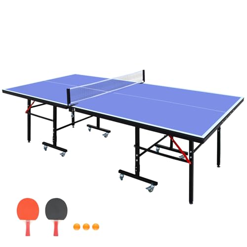 8ft Mid Size Table Tennis Table Foldable Portable Ping Pong Table Set for Indoor Games with Net, 2 Table Tennis Paddles and 3 Balls