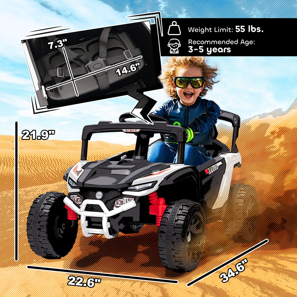 12V Kids Ride On Truck, Battery Powered Electric UTV Vehicle with Rear Suspension, Remote Control for 3-5 Years, White