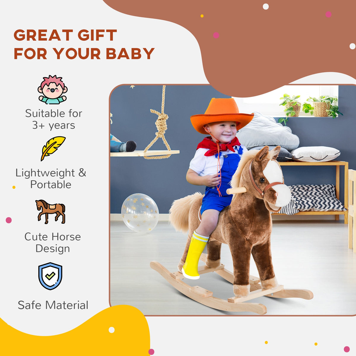 Kids Rocking Horse Plush Toddler Rocker Wooden Base Ride On Toy