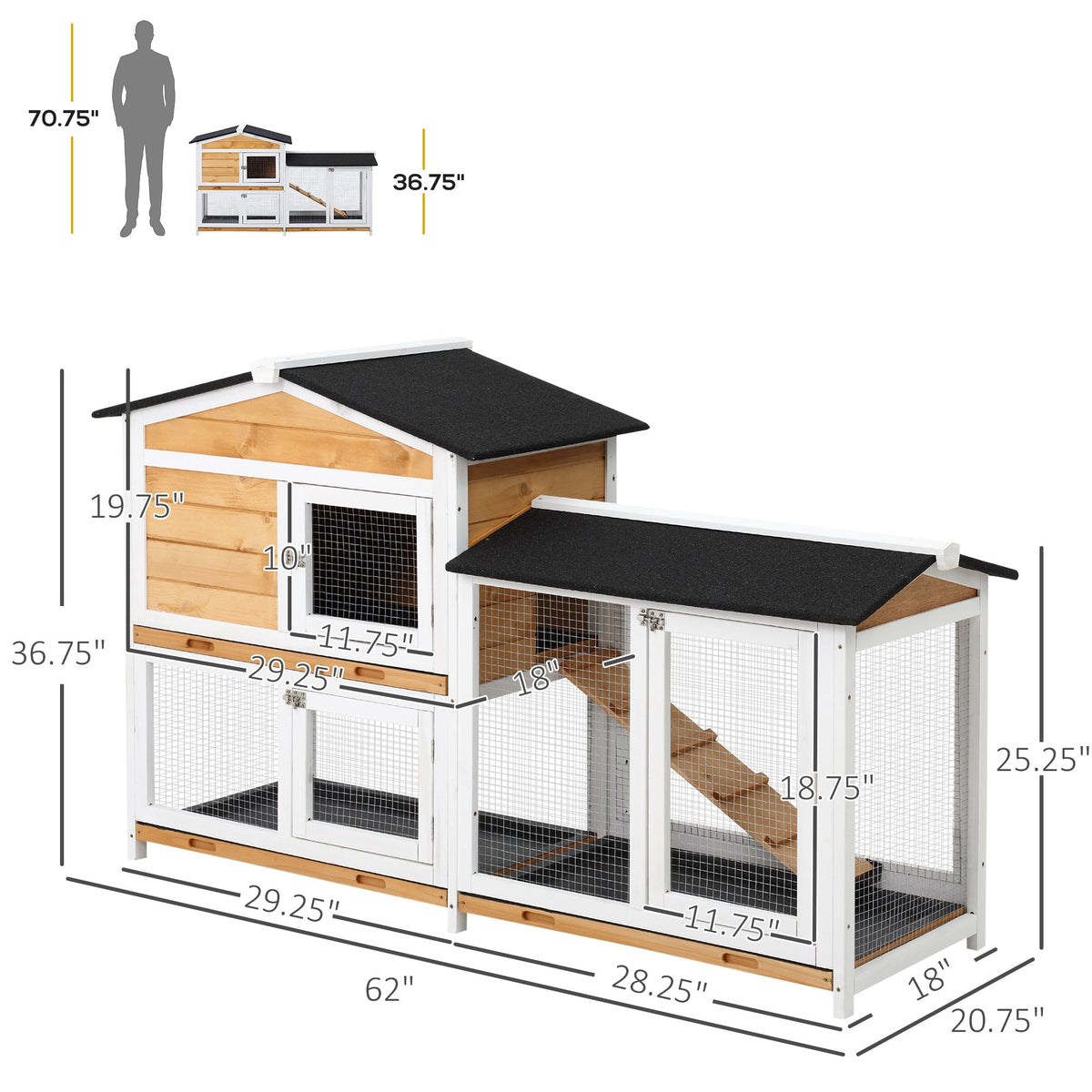 62" Rabbit Hutch, Wooden Bunny Hutch, Guinea Pig Cage, Small Animal Enclosure with Run Area, Removable Tray