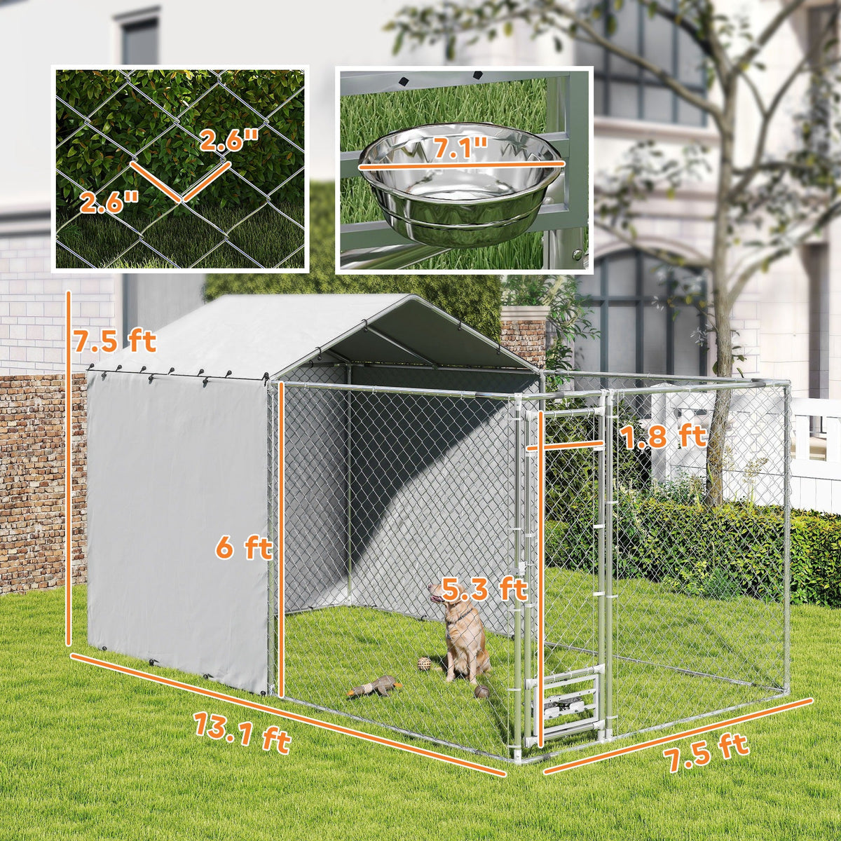 Galvanized Chain Link Large Outdoor Dog Kennel with Waterproof & UV-Resistant Cover, for M&L Dogs, 13.1' x 7.5' x 7.5'
