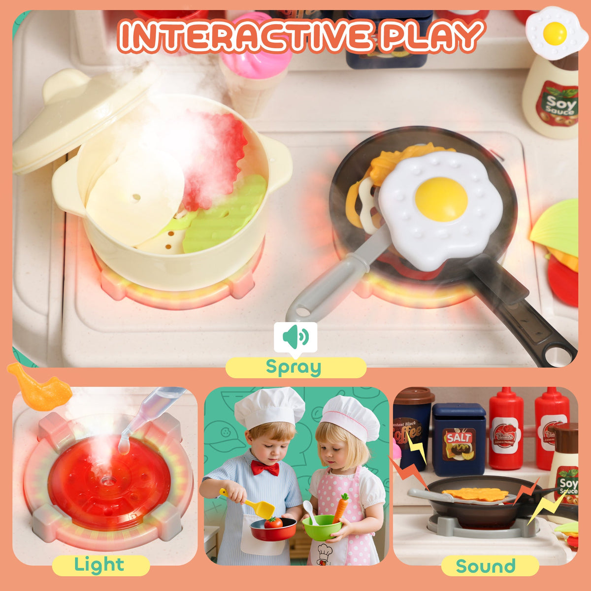 Kids Play Kitchen Toy Set, Chef Pretend Kitchen Playset with Real Lights & Sounds, 92 Pcs Toy Food, Ages 3-6, Green