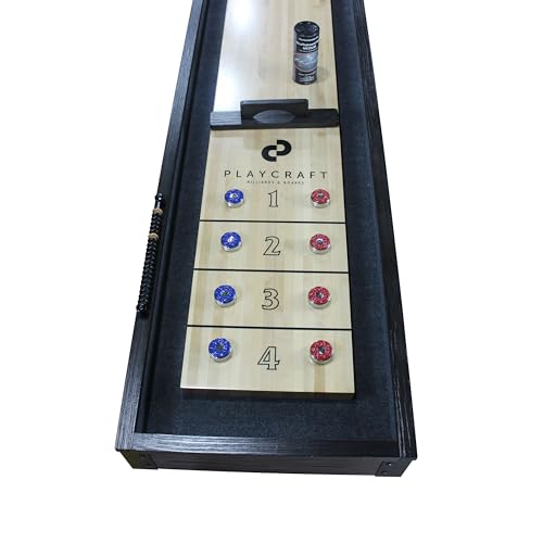 Playcraft Saybrook Shuffleboard Table with DIY Assembly - Fully Knock-Down Shuffle Board Game Table with Abacus, 8 Pucks & Premium Wax - Pro Style Climate Adjusters - Midnight Charcoal Gray - size: 12'