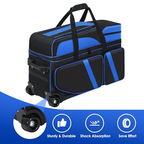 4 Ball Bowling Bags with Wheels, Bowling Ball Bag with Multi-Pockets,4 Ball Bowling Bag with Secure Buckle Fixed Ball Cup & Shoe Compartment,3 Ball Bowling Bag+1 Ball Color Matching Add On Tote - color: blue 3+1